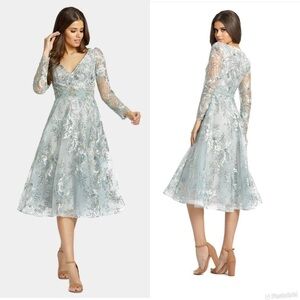 Mac Duggal Embellished Illusion Long Sleeve A Line Dress